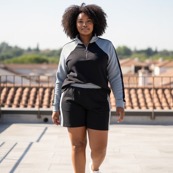 KYOYO 2PC Colorblock Lounge Set Navy Light Blue Long Sleeve Top & Shorts 2XL NWT - Picture 14 of 14